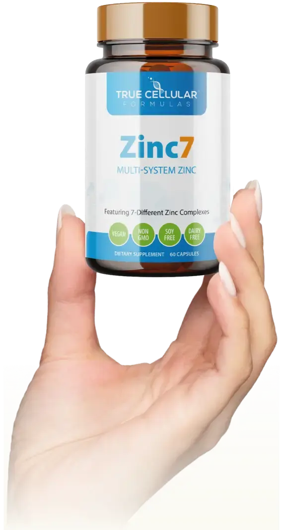 Zinc7 dietary supplement bottle featuring seven forms of zinc for immune health and daily wellness support